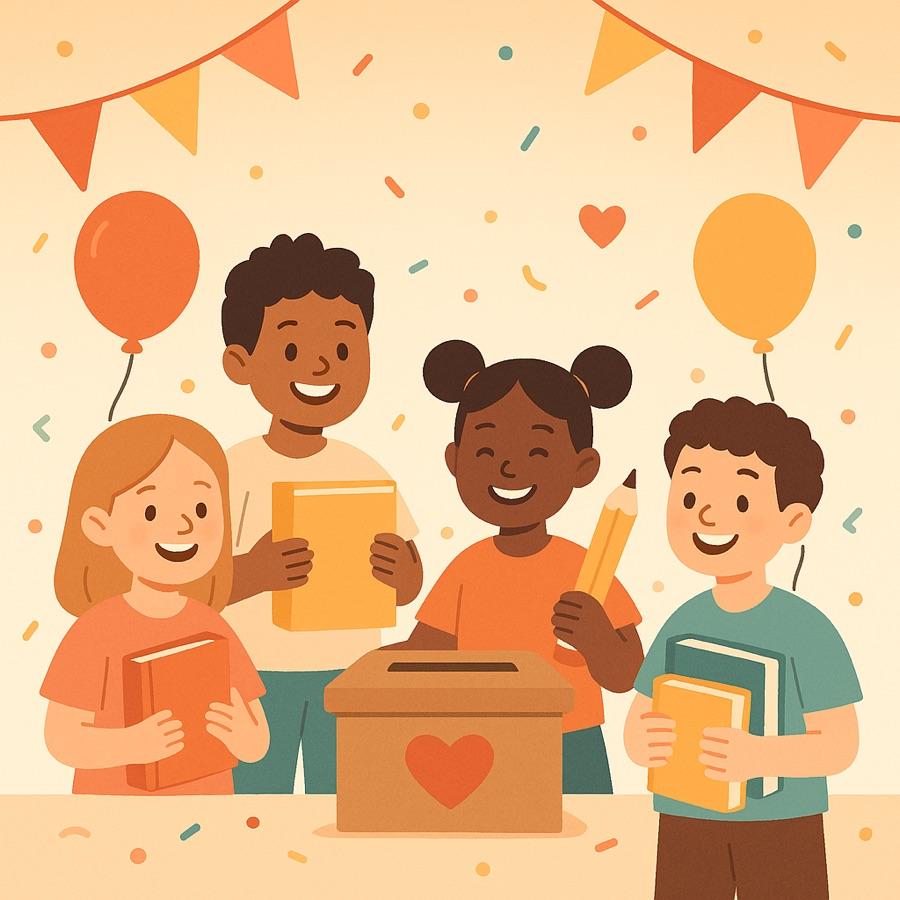 Illustration of students holding books around a donation box