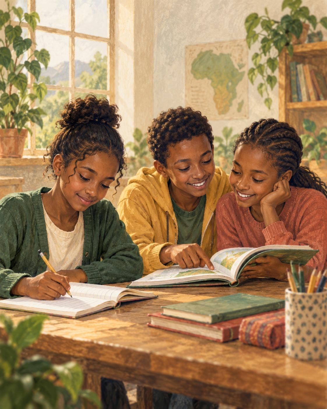 Illustration of three students learning together with books and notebooks